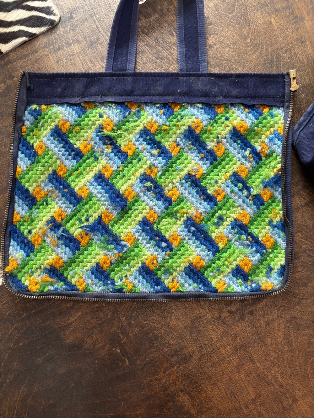Handmade Needlepoint Zip-Off Denim Tote Bag | Vintage Style - Picture 7 of 7
